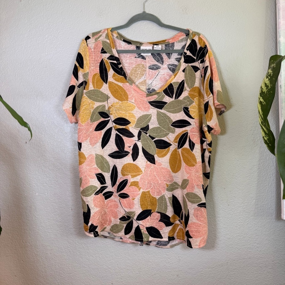 Rachel Zoe Linen Peach Green Black Tropical Floral Resort V Neck Bohemian Top 1X